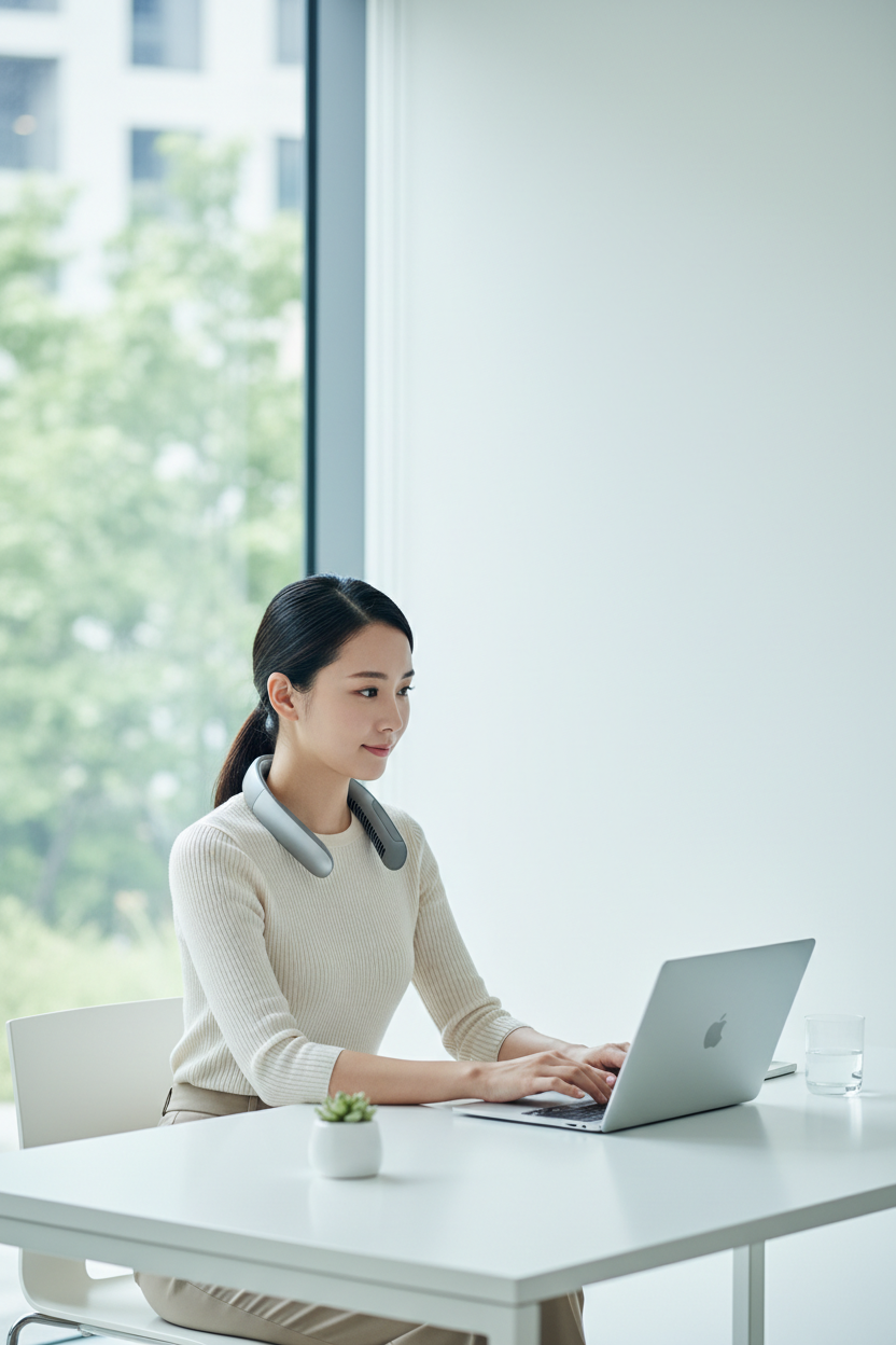 Mujer trabajando con CoolArc AirFlow en escritorio minimalista