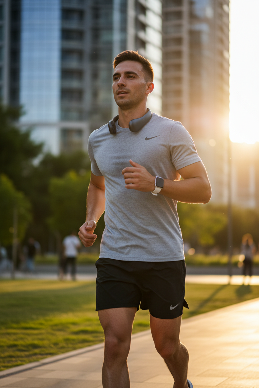 Hombre corriendo con CoolArc AirFlow en parque urbano